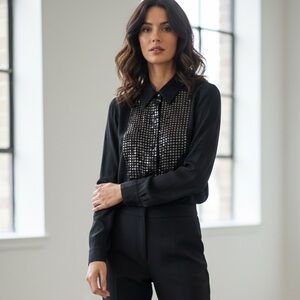 L’Agence Black Sequin Collared Silk Blouse, Dagger Collar, size 4/ Small